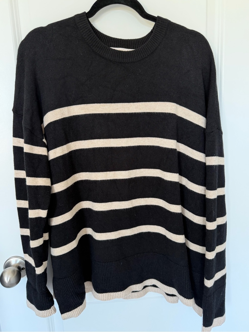 Leela & Lavender Crewneck Sweater in Black with Cream Stripes